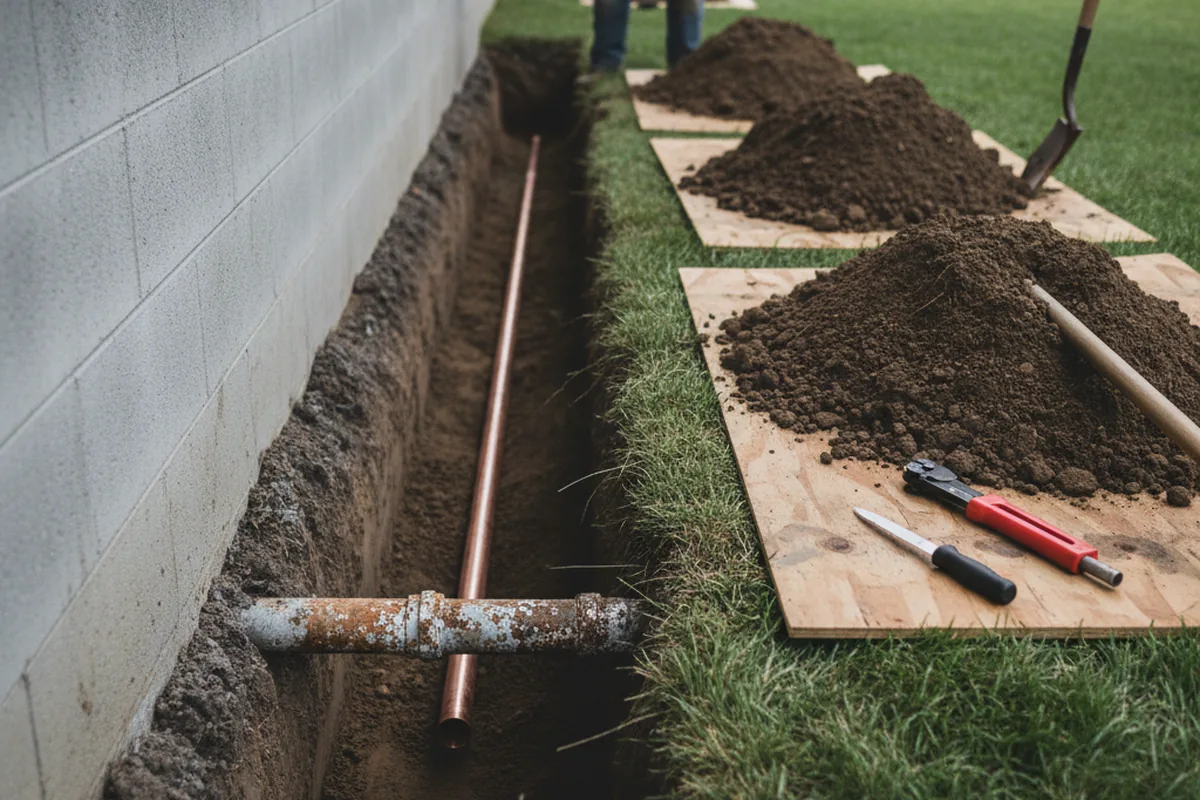 Excavated water line trench during Sewer Line Repair in Golden Valley